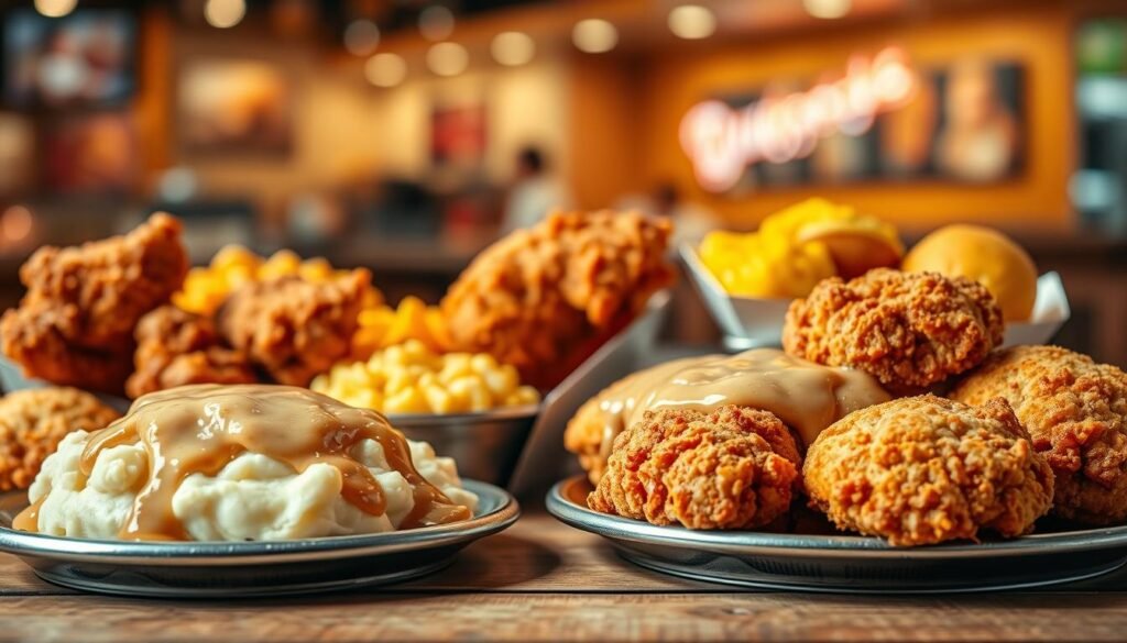 A visually striking composition focusing on various high-carb menu items from a fast-food restaurant setting. In the foreground, a vibrant assortment of fried chicken pieces coated in rich, crispy batter, accompanied by fluffy biscuits and a mound of creamy mashed potatoes drizzled with gravy. The middle layer displays colorful sides such as macaroni and cheese and honey-glazed cornbread, all arranged on a rustic wooden table. The background features a soft, blurred interior of a fast-food restaurant, with warm lighting that enhances the inviting yet indulgent atmosphere. Use a shallow depth of field to bring attention to the food while subtly highlighting the restaurant decor. The overall mood should evoke a sense of temptation and indulgence, illustrating the allure of high-carb options that are best avoided on a low-carb diet.