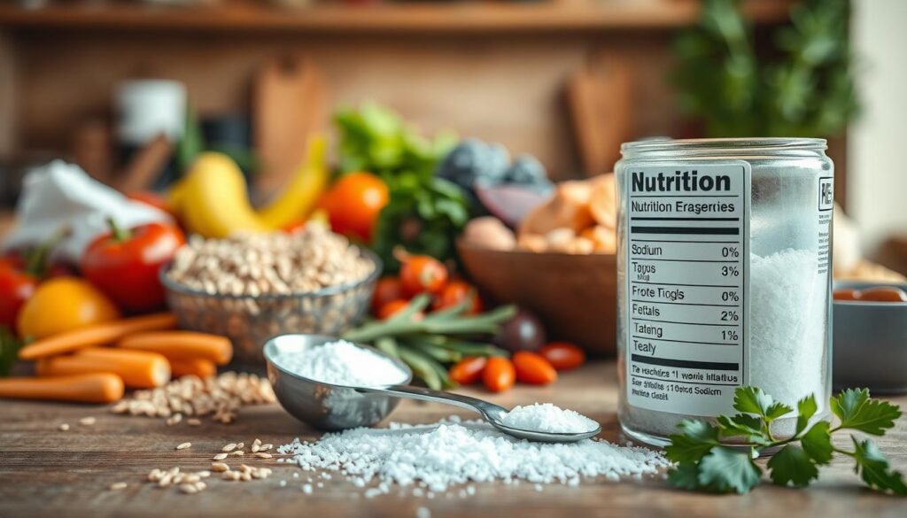 A visually striking image capturing the concept of sodium nutrition within the context of dietary balance. In the foreground, a well-organized display of healthy foods that are low in sodium, such as fresh vegetables, whole grains, and lean proteins, arranged artfully on a wooden table. In the middle ground, a measuring spoon filled with salt is positioned next to a nutrition label highlighting sodium content, evoking awareness. The background features a softly blurred kitchen setting with warm, natural lighting that creates an inviting atmosphere. The composition should focus on clarity and detail, with a shallow depth of field to keep the emphasis on the sodium-related elements. The mood is educational and encouraging, promoting health consciousness without any text or distractions.