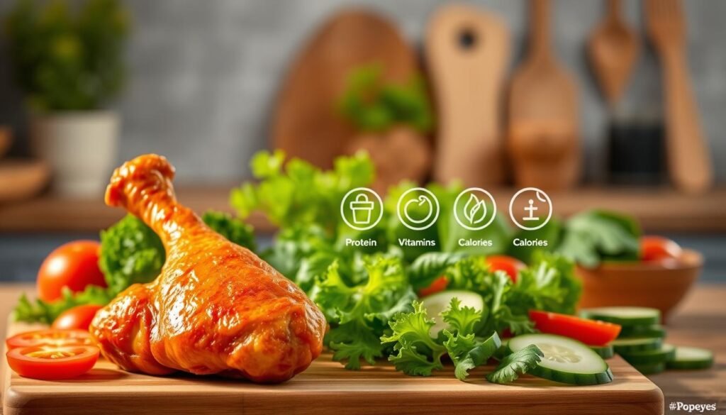A vivid still life setup showcasing the nutritional benefits of chicken, specifically focusing on a Popeyes drumstick. In the foreground, a beautifully cooked, golden-brown drumstick glistens under soft, diffused lighting that highlights its texture. Surrounding the drumstick are vibrant, fresh vegetables like green leafy kale, bright red tomatoes, and sliced cucumbers, emphasizing a healthy meal choice. In the middle ground, a wooden cutting board displays informative, symbolic icons representing protein, vitamins, and calorie counts, artfully arranged to guide healthier menu options. The background features a blurred, warm kitchen ambiance with natural elements like potted herbs and rustic wooden elements, creating a cozy atmosphere. The overall mood is inviting and educational, encouraging mindful eating.