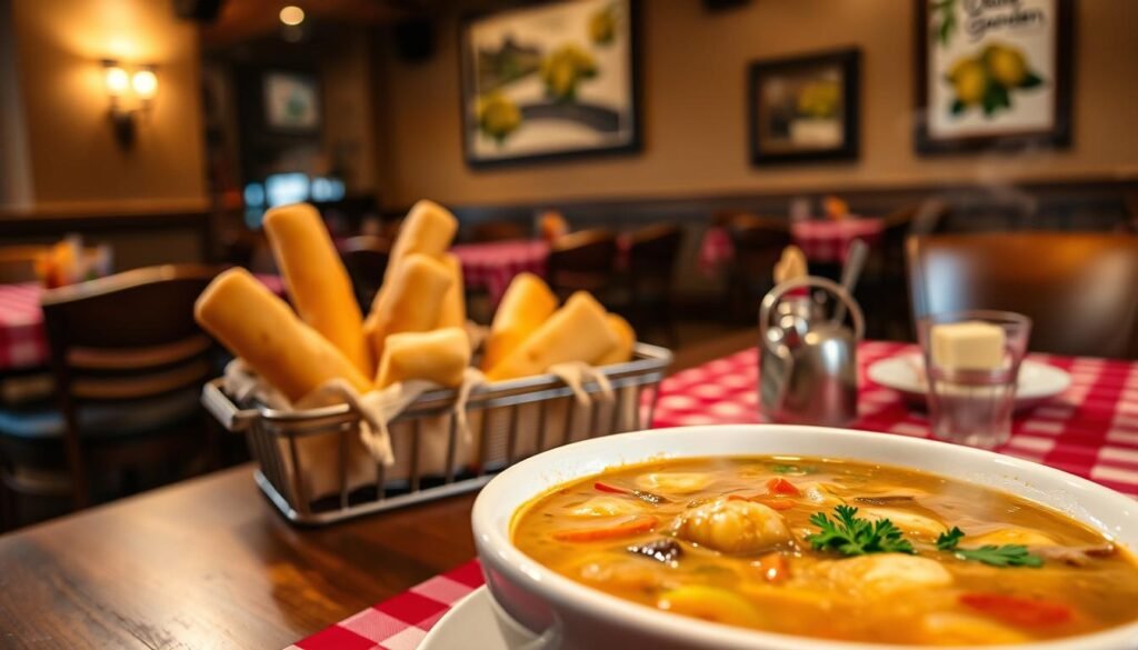A warm and inviting Olive Garden dining table featuring a hearty bowl of signature soup, surrounded by fresh breadsticks. In the foreground, the soup is a rich, creamy mixture, showcasing vegetables and garnished with parsley, steam rising gently from its surface. The middle ground includes a rustic wooden table adorned with a vibrant red checkered tablecloth, with golden-brown breadsticks in a small basket, glistening with butter. The background reveals a softly lit Olive Garden restaurant ambiance with rustic decor, dim lighting, and olive-themed artwork, creating a cozy atmosphere. Use soft, warm lighting to enhance the inviting feel, shot from a slightly elevated angle for a mouth-watering perspective. The scene conveys a sense of comfort and culinary delight, enticing viewers with its welcoming charm.