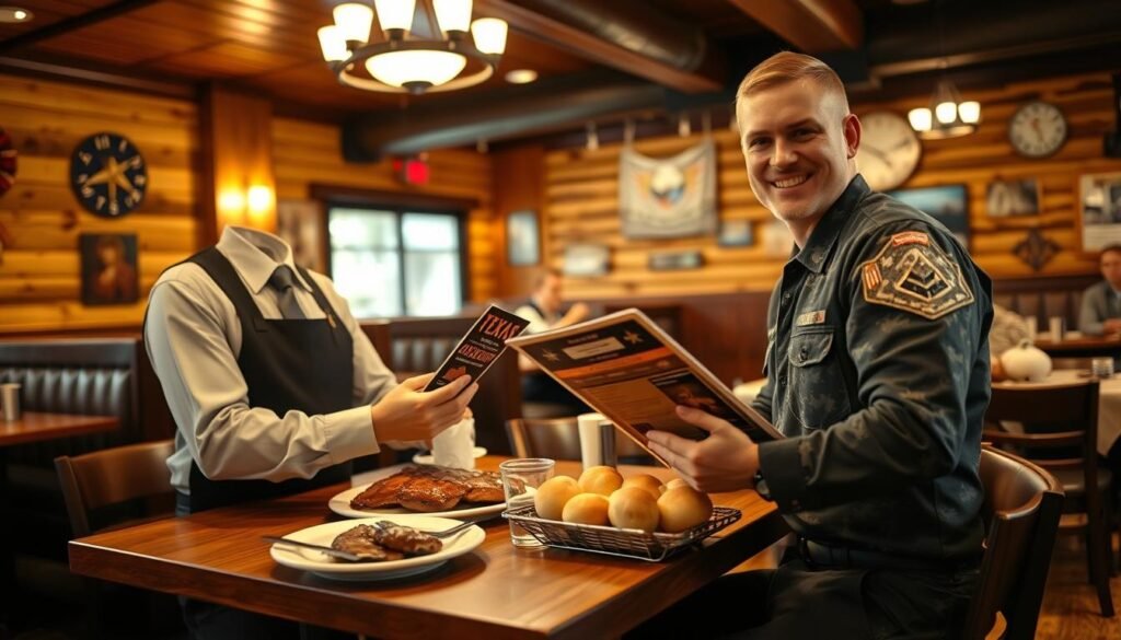 A warm and inviting restaurant scene at Texas Roadhouse, focusing on a friendly server in professional attire assisting a military service member. In the foreground, the server is smiling while presenting a menu with a visible military discount banner. The middle ground features a wooden table set with Texas Roadhouse’s signature meals, including a plate of ribs and a basket of buns. The background shows the rustic décor typical of the restaurant, with wooden walls adorned with memorabilia. Soft, warm lighting creates a cozy atmosphere, while a camera angle captures the interaction from slightly above, highlighting the server and the military guest. The mood is welcoming and appreciative, emphasizing the value of military service. A warm and inviting restaurant scene at Texas Roadhouse, focusing on a friendly server in professional attire assisting a military service member. In the foreground, the server is smiling while presenting a menu with a visible military discount banner. The middle ground features a wooden table set with Texas Roadhouse’s signature meals, including a plate of ribs and a basket of buns. The background shows the rustic décor typical of the restaurant, with wooden walls adorned with memorabilia. Soft, warm lighting creates a cozy atmosphere, while a camera angle captures the interaction from slightly above, highlighting the server and the military guest. The mood is welcoming and appreciative, emphasizing the value of military service.