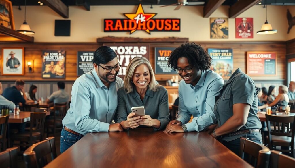 A warm and inviting scene depicting a friendly Texas Roadhouse restaurant environment. In the foreground, a diverse group of four adults, dressed in neat casual attire, are gathered around a wooden table, examining a smartphone and smiling, representing the act of joining the VIP Club. The middle ground features a rustic Texas Roadhouse interior, with decorative wooden elements, cowboy-themed artworks, and vibrant posters showcasing the VIP benefits. In the background, soft lighting illuminates a welcoming atmosphere, highlighting the friendly staff and patrons enjoying their meals. The composition is framed with a slight depth of field effect to focus on the group, evoking a sense of community and excitement about joining the program. The overall mood is cheerful and approachable.