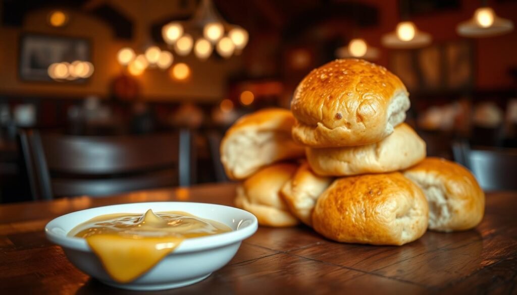 A warm and inviting scene featuring freshly baked Texas Roadhouse rolls stacked on a rustic wooden table. The rolls are golden brown, with a slightly glistening buttery glaze on top, perfectly fluffy and soft. In the foreground, a small white dish holds a generous portion of cinnamon honey butter, oozing slightly, ready to be spread onto the rolls. In the background, a blurred glimpse of a cozy restaurant setting creates an inviting atmosphere, with soft, warm lighting emanating from overhead lamps. The focus is sharp on the rolls, with a shallow depth of field emphasizing their texture. A warm, homely feel permeates the image, inviting viewers to think about creative ways to repurpose these delicious leftovers.