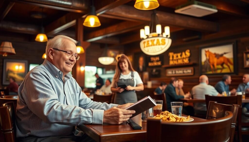 A warm and inviting scene inside a Texas Roadhouse restaurant, focusing on a senior couple sitting at a cozy wooden table. In the foreground, the couple, dressed in modest casual clothing, are smiling and examining a menu. The restaurant decor features rustic wooden beams, dim lighting with soft amber tones, and vibrant Western-themed art on the walls. In the middle ground, a friendly waitress, also in casual attire, stands nearby, ready to assist them. In the background, other patrons enjoy their meals, adding to the lively atmosphere. The composition captures a welcoming and relaxed dining experience, emphasizing the friendly service and community spirit of the restaurant, evoking a sense of comfort and savings for seniors.