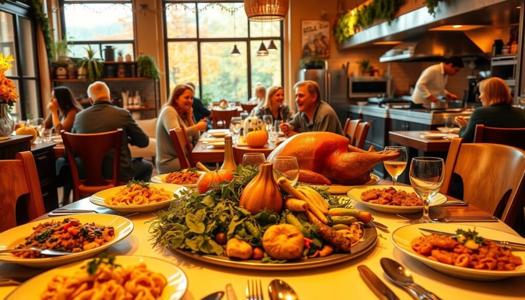A warm, bustling Italian restaurant decorated for Thanksgiving, showcasing an inviting atmosphere. In the foreground, a beautifully set table features a festive holiday spread, complete with rich pasta dishes, seasonal vegetables, and a turkey centerpiece garnished with herbs. Soft, golden lighting bathes the room, highlighting the wooden furniture and elegant tableware. In the middle, cheerful diners in modest casual clothing enjoy their meals, sharing laughter and conversation. The background reveals an open kitchen area with chefs skillfully preparing dishes, amidst herbs and vibrant ingredients. Through a large window, autumn leaves can be seen, adding to the cozy, festive mood. Capture the scene from a slight angle to emphasize the dining experience while maintaining focus on the delicious food.