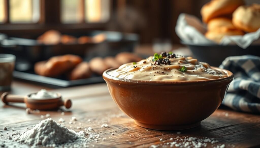 A warm, inviting image of rich, creamy country fried gravy in a rustic bowl, garnished with a sprinkle of black pepper and fresh parsley. In the foreground, a wooden table surface adds a homely touch, with scattered ingredients such as flour, salt, and pepper visible. The middle ground features the gravy bubbling gently, illuminated by soft, diffused natural light streaming in from an unseen window, creating a cozy atmosphere. In the background, a blurred display of frying ingredients like chicken and biscuits subtly hints at the dish's companions. The scene evokes a sense of comfort and nostalgia, perfect for capturing the essence of homemade Southern cooking. A warm, inviting image of rich, creamy country fried gravy in a rustic bowl, garnished with a sprinkle of black pepper and fresh parsley. In the foreground, a wooden table surface adds a homely touch, with scattered ingredients such as flour, salt, and pepper visible. The middle ground features the gravy bubbling gently, illuminated by soft, diffused natural light streaming in from an unseen window, creating a cozy atmosphere. In the background, a blurred display of frying ingredients like chicken and biscuits subtly hints at the dish's companions. The scene evokes a sense of comfort and nostalgia, perfect for capturing the essence of homemade Southern cooking.