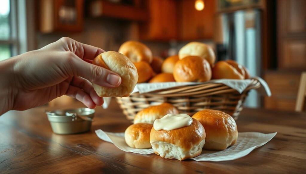 A warm, inviting kitchen scene featuring a rustic wooden table adorned with a basket of freshly baked Texas Roadhouse mini rolls. The rolls are golden brown, fluffy, and slightly glistening, with a dollop of creamy cinnamon butter melting on top. In the foreground, focus on a hand reaching for a roll, conveying the idea of home snacking. The middle ground includes the charming basket filled with rolls, and the background offers a softly blurred kitchen setting with warm lighting, creating a cozy atmosphere. Use soft, natural light to enhance the texture of the rolls and the warmth of the kitchen. Capture the essence of comfort and convenience in a home setting, making it relatable and inviting.