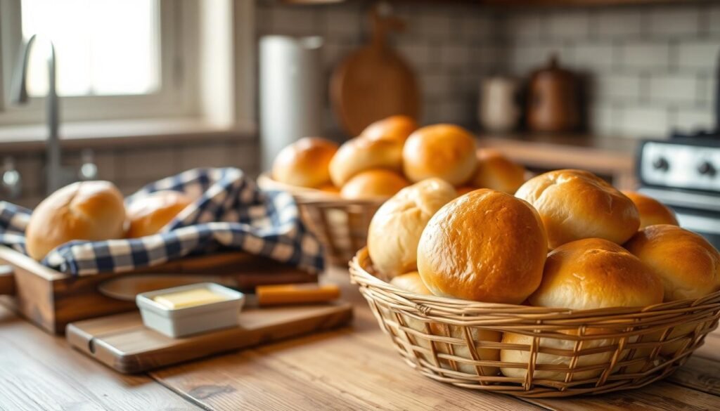 A warm, inviting kitchen scene featuring freshly baked Texas Roadhouse rolls on a rustic wooden countertop. In the foreground, a basket filled with soft, golden-brown rolls, glistening with melted butter, showcases their fluffy texture. In the middle ground, a folded checkered cloth adds a pop of color, while a wooden cutting board with a butter knife and a small dish of cinnamon honey butter sits nearby, emphasizing the rolls' delicious pairings. The background features soft, diffused lighting coming from a window, creating a cozy atmosphere. The scene conveys a sense of warmth and comfort, perfect for a family meal or gathering, capturing the essence of homemade delight without any text or distractions. A warm, inviting kitchen scene featuring freshly baked Texas Roadhouse rolls on a rustic wooden countertop. In the foreground, a basket filled with soft, golden-brown rolls, glistening with melted butter, showcases their fluffy texture. In the middle ground, a folded checkered cloth adds a pop of color, while a wooden cutting board with a butter knife and a small dish of cinnamon honey butter sits nearby, emphasizing the rolls' delicious pairings. The background features soft, diffused lighting coming from a window, creating a cozy atmosphere. The scene conveys a sense of warmth and comfort, perfect for a family meal or gathering, capturing the essence of homemade delight without any text or distractions.