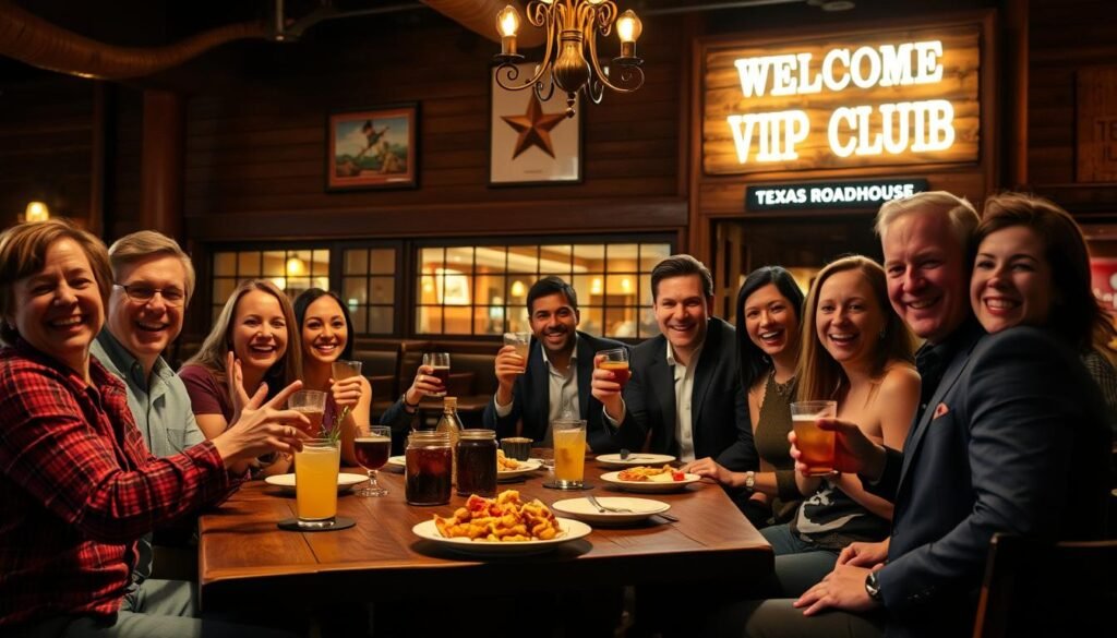 A warm, inviting scene depicting a Texas Roadhouse VIP club experience. In the foreground, show a group of excited guests dressed in smart casual attire, enjoying a delicious meal with appetizers and drinks on a rustic wooden table. In the middle, include a well-decorated dining area with Texas-style decor, warm lighting creating a cozy atmosphere, and elements such as roping and vintage Western artwork on the walls. The background should feature the welcoming signboard of the Texas Roadhouse VIP club, softly illuminated, enhancing the exclusivity feel. Use a slightly elevated perspective to capture both the guests' joyful expressions and the welcoming environment, evoking a sense of community and celebration. The mood should be lively yet comfortable, highlighting the exclusivity and advantage of being a VIP member.