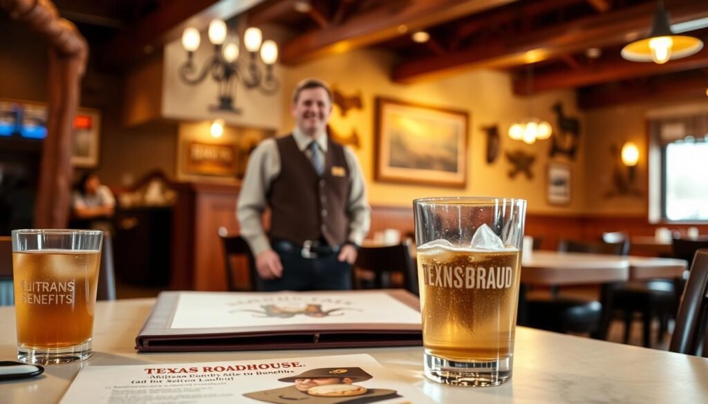 A warm, inviting scene featuring a professional-looking Texas Roadhouse dining environment that emphasizes military service benefits. In the foreground, a neatly arranged table with a Texas Roadhouse menu and an empty glass of iced tea, symbolizing the wait for a meal to begin. In the middle ground, a smiling server dressed in modest, professional attire stands by the table, ready to assist. The background showcases the rustic decor typical of the restaurant, including wooden beams, cowboy artifacts, and warm lighting that conveys a friendly atmosphere. Soft, diffused lighting creates a cozy feel, with a shallow depth of field focusing on the table and server, emphasizing the theme of customer service and military appreciation. The ambiance should feel welcoming, respectful, and celebratory of military benefits.
