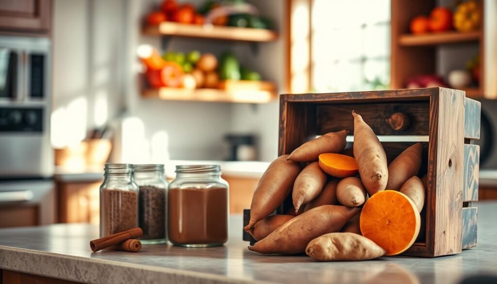 A warm, inviting scene of freshly harvested sweet potatoes stored in a rustic wooden crate, set on a kitchen countertop. In the foreground, the deep orange-brown color of the sweet potatoes contrasts with the rich, dark wood of the crate. In the middle ground, clear glass jars filled with spices, such as cinnamon and nutmeg, rest beside the crate, suggesting ideal storage tips. The background features a softly lit kitchen with shelves containing colorful produce, enhancing the cozy atmosphere. Natural light from a nearby window casts gentle shadows, creating an inviting mood. The image evokes feelings of warmth and home-cooked comfort, highlighting the joy of preserving leftovers while preparing to enjoy Texas Roadhouse sweet potatoes.