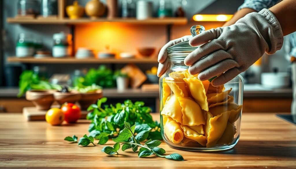 A warm kitchen scene showcasing a neatly organized counter with cheese ravioli being stored for later use. In the foreground, a glass container filled with perfectly shaped cheese ravioli, glistening with a light drizzle of olive oil, is being carefully closed with a lid by a pair of hands wearing modest, casual kitchen gloves. In the middle ground, a colorful array of fresh herbs, including basil and parsley, is scattered around the container, adding a vibrant touch. The background displays shelves stocked with various kitchen essentials and a warm glow from soft, ambient lighting, creating a cozy and inviting atmosphere. The composition focuses on the ravioli storage process, capturing a moment of culinary care and deliciousness.