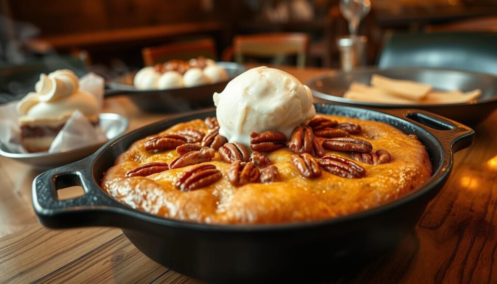 A warm, sizzlin' butter pecan blondie served in a cast iron skillet, glistening with melted butter, topped with crunchy, caramelized pecans. The blondie has a golden-brown crust with soft, gooey centers, invitingly oozing as a scoop of vanilla ice cream begins to melt on top. In the foreground, the skillet is the focus of attention, emanating steam as it sits on a rustic wooden table. In the background, softly blurred, are hints of a cozy restaurant atmosphere: dark wood paneling, warm ambient lighting, and the faint outlines of other desserts, creating a welcoming mood. The angle is slightly overhead, capturing the enticing details of the dish, with warm, natural lighting enhancing the richness of the buttery dessert. A warm, sizzlin' butter pecan blondie served in a cast iron skillet, glistening with melted butter, topped with crunchy, caramelized pecans. The blondie has a golden-brown crust with soft, gooey centers, invitingly oozing as a scoop of vanilla ice cream begins to melt on top. In the foreground, the skillet is the focus of attention, emanating steam as it sits on a rustic wooden table. In the background, softly blurred, are hints of a cozy restaurant atmosphere: dark wood paneling, warm ambient lighting, and the faint outlines of other desserts, creating a welcoming mood. The angle is slightly overhead, capturing the enticing details of the dish, with warm, natural lighting enhancing the richness of the buttery dessert.