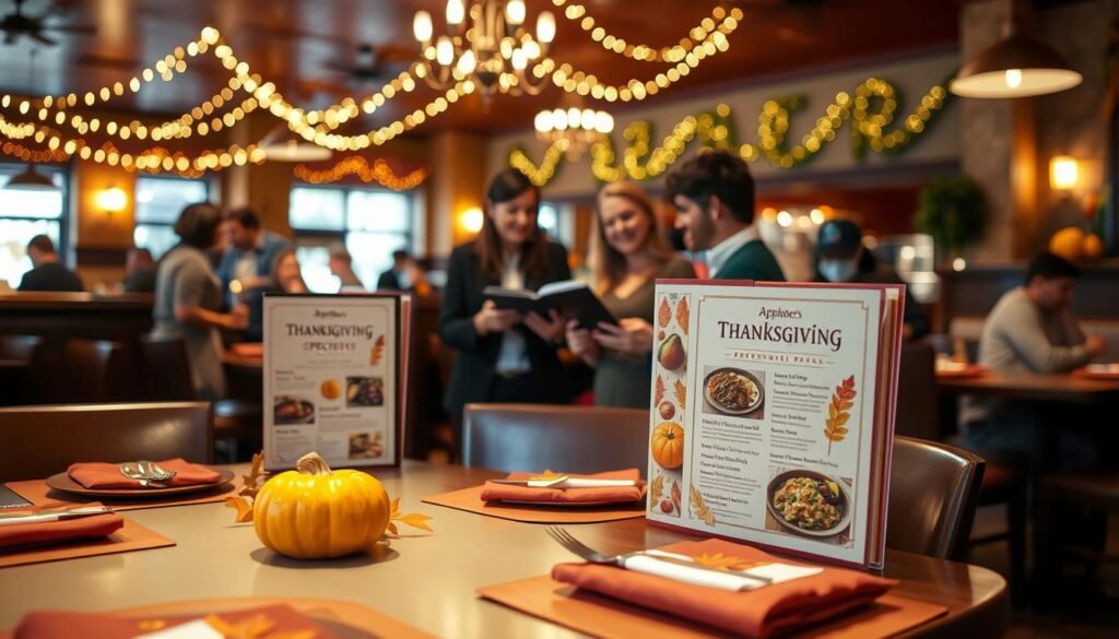 A warmly lit scene inside a cozy Applebee's restaurant during Thanksgiving. In the foreground, a beautifully set table adorned with autumn-themed decorations, including a small pumpkin centerpiece and festive napkins. A couple of inviting menus are visible, prominently displaying Thanksgiving specials. In the middle, friendly staff members in professional, casual attire are interacting with guests, some taking reservations on a tablet, while others are serving food. The background reveals a softly glowing atmosphere with string lights hanging overhead and seasonal decorations on the walls, creating a welcoming vibe. The overall mood is festive and cheerful, capturing the essence of Thanksgiving with a focus on the importance of making reservations for a delightful dining experience.
