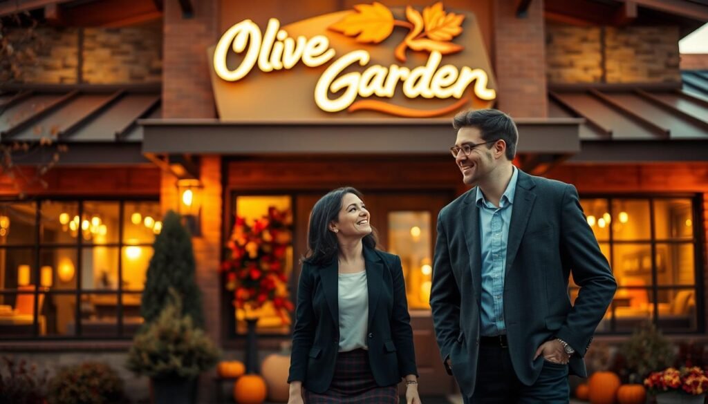 A welcoming Olive Garden restaurant exterior during Thanksgiving, with warm, inviting lights glowing softly from the windows. In the foreground, a well-dressed couple in modest business casual attire is seen smiling and discussing their dining plans as they approach the entrance. In the middle ground, holiday decorations featuring autumn leaves and pumpkins gracefully adorn the entrance, creating a festive atmosphere. The background showcases the Olive Garden logo subtly illuminated above the door. The image is captured during the golden hour, with soft, diffused lighting that evokes a cozy and inviting mood, hinting at a busy but welcoming dining experience.
