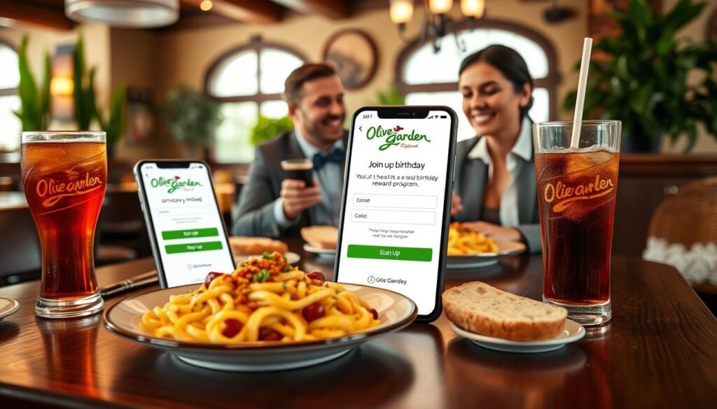 A welcoming Olive Garden restaurant scene, featuring a beautiful wooden table set with a delicious plate of pasta, garlic bread, and a glass of Italian soda. In the foreground, there’s a smartphone displaying the Olive Garden eClub sign-up page, inviting patrons to join the birthday reward program. In the middle, a cheerful, professional couple, dressed in smart casual attire, is conversing and enjoying their meal. They exude enthusiasm as they look at the phone. In the background, the warm ambiance of the restaurant with soft lighting, green plants, and rustic decor creates an inviting atmosphere. The composition should have a shallow depth of field, focusing on the couple and the food while subtly blurring the background, evoking a sense of community and celebration.