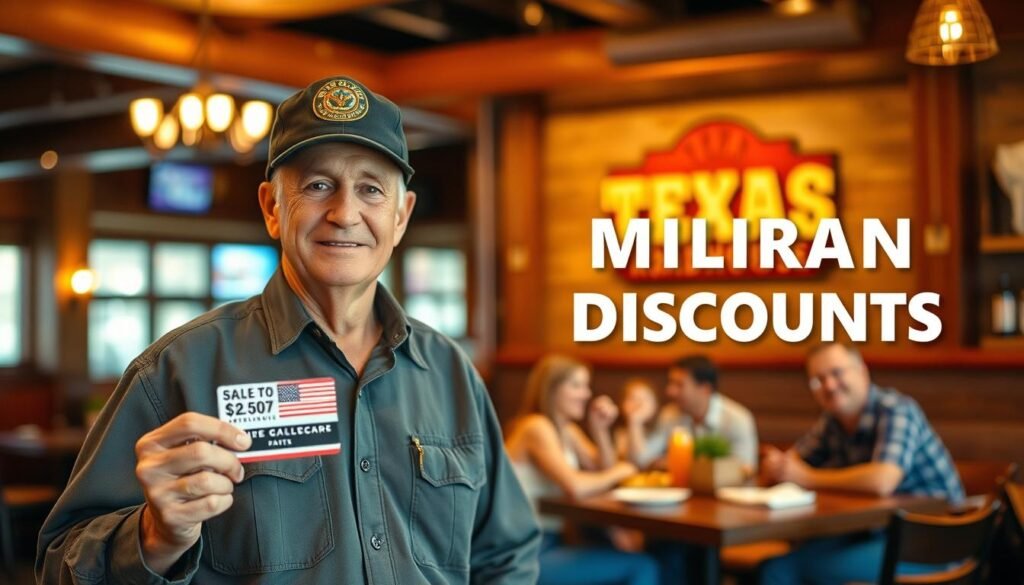 A welcoming scene at a Texas Roadhouse restaurant features a friendly military veteran in professional casual clothing, standing in the foreground, proudly holding a discount card. The background showcases the warm, rustic interior of the restaurant with wooden accents and cozy tables. In the middle ground, a cheerful family enjoys their meal, subtly highlighting their appreciation for the veteran's service. Soft, warm lighting cascades from overhead fixtures, enhancing the inviting atmosphere. The image captures a sense of community and gratitude, with a slightly blurred focus on the restaurant's signature decor, creating a harmonious depth. Showcasing elements of military pride and the spirit of giving back, the composition exudes a positive and uplifting vibe, perfect for emphasizing the importance of military discounts.