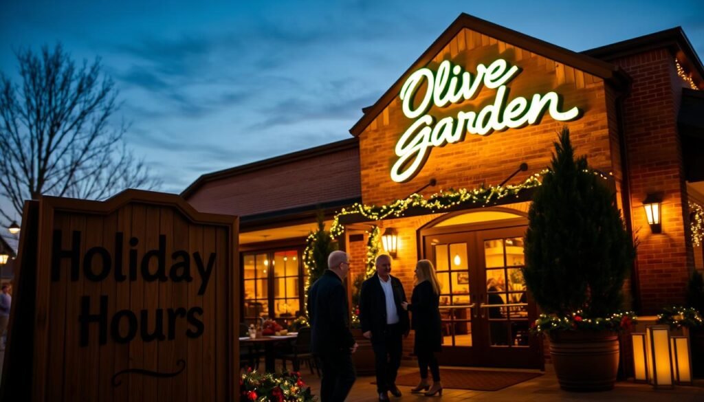 A well-lit Olive Garden restaurant exterior during the evening, showcasing warm, inviting lights glowing from the windows. In the foreground, a large wooden sign with intricate lettering displays “Holiday Hours” prominently, while holiday decorations are tastefully arranged around the entrance. The middle ground features a few customers in modest casual attire, interacting happily as they arrive. In the background, the restaurant’s brick facade is adorned with twinkling fairy lights, surrounded by lush greenery. A serene sky transitions from dusk to night, reflecting the cozy holiday atmosphere. The overall feel is festive and welcoming, highlighting the restaurant's inviting nature for Thanksgiving dining. The scene should evoke a sense of warmth and community.