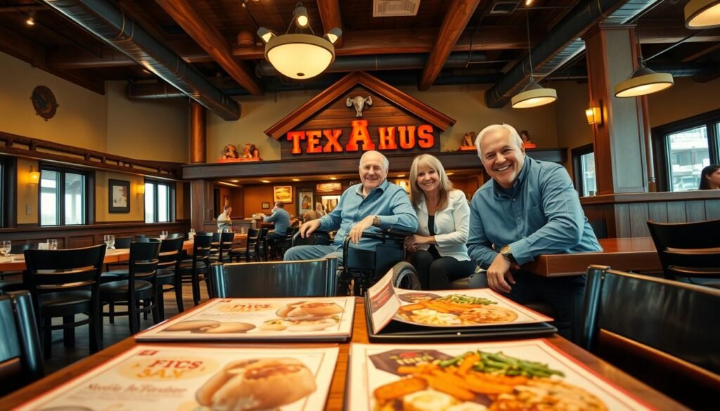 A well-lit interior of a Texas Roadhouse restaurant, showcasing an accessible dining area. In the foreground, a table is set with menus, showing diverse food items that represent the menu offerings. The middle layer features a family seated comfortably, with a person using a wheelchair next to them, all smiling and enjoying their meal together, dressed in casual but professional attire. The background displays the rustic, vibrant decor characteristic of Texas Roadhouse, with wooden accents and warm lighting creating a friendly atmosphere. Emphasize the accessibility elements, like wide aisles and accessible seating arrangements. Capture a welcoming and inclusive environment, conveying a sense of community and enjoyment. Use a wide-angle lens to capture the depth of the restaurant, with a soft, inviting lighting tone.