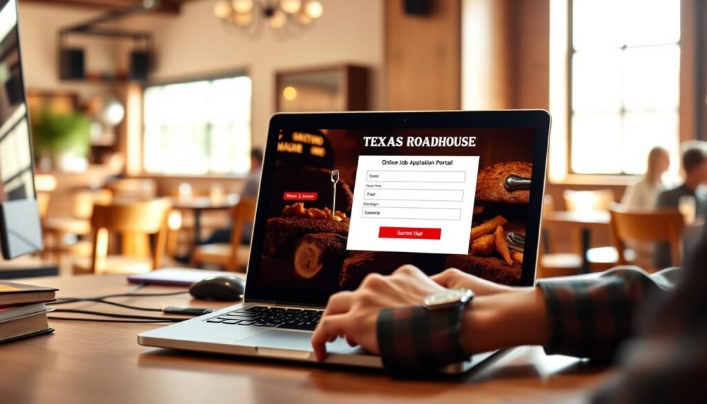 A well-lit office space featuring a computer desk with a modern laptop displaying the Texas Roadhouse online job application portal on the screen. In the foreground, a pair of hands, dressed in smart casual attire, are poised over the keyboard, ready to submit the application. The background includes a subtle, blurred view of a cozy restaurant environment, hinting at Texas Roadhouse, with warm wooden tones and rustic decorations. Soft, natural light filters through a nearby window, creating an inviting and focused atmosphere. The image conveys a sense of professionalism and opportunity, implying the importance of the application process for potential employees.