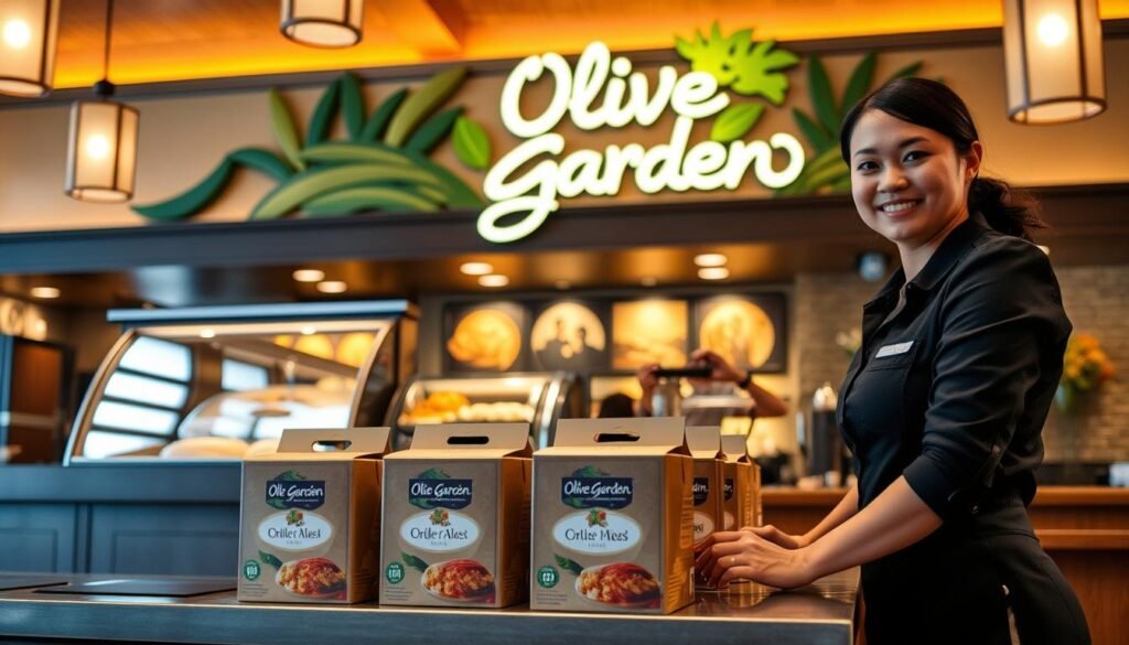 A well-lit scene of the Olive Garden restaurant in East Point, showcasing the order pickup area. In the foreground, a friendly staff member in a professional uniform stands behind a counter, ready to assist customers. The middle ground features a vibrant display of to-go meals in elegantly branded Olive Garden packaging, highlighting the convenient dining options available. In the background, warm ambient lighting creates an inviting atmosphere, with tasteful olive green and beige decor. The angle captures a slight overhead view, emphasizing the organized layout and the cheerful environment. The mood is welcoming and efficient, suggesting a delightful dining experience that is easy and accessible.