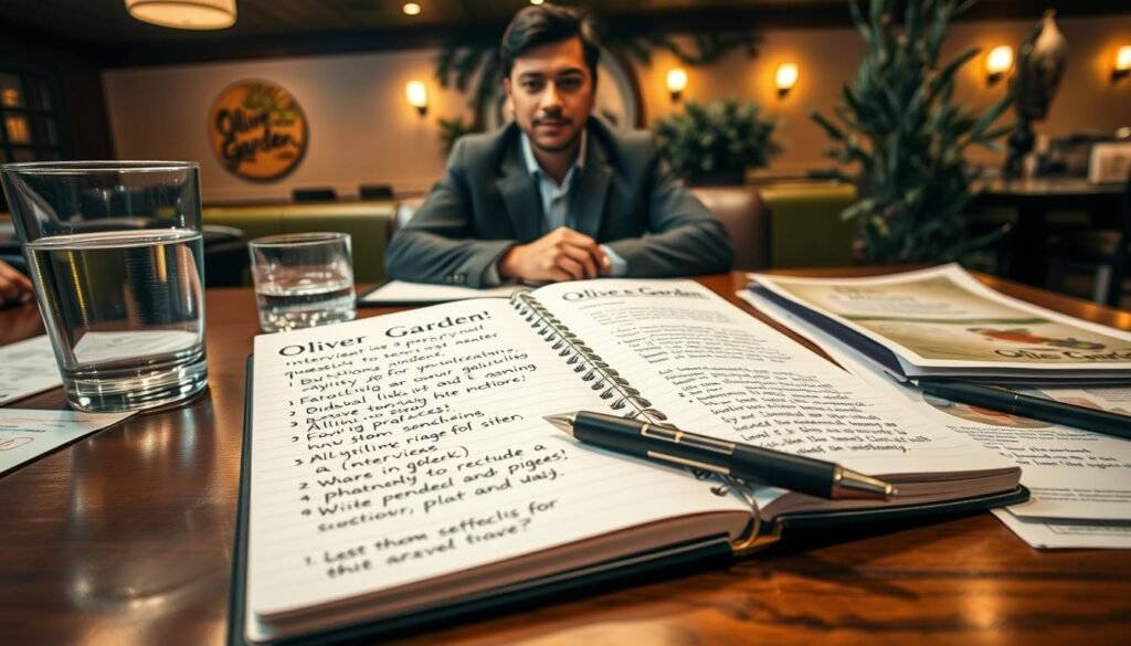 A well-organized workspace featuring a table with a notebook and pen, open to a page filled with notes on Olive Garden interview questions. In the foreground, a notepad displays neatly handwritten tips and strategies for responding to interview questions, surrounded by a glass of water and an Olive Garden menu. In the middle ground, a confident individual in professional attire, perhaps wearing a blazer, sits thoughtfully, reviewing the materials. The background shows a warm, inviting atmosphere with soft lighting and hints of an Olive Garden restaurant, such as rustic decor and olive trees, creating a sense of preparation for the interview. The mood is focused and optimistic, evoking a sense of readiness and professionalism.