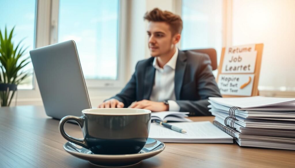 A young professional dressed in smart casual attire, sitting at a modern desk, engaging with a laptop and a stack of resumes. In the foreground, a close-up of a coffee cup rests beside the laptop, indicating a productive job search atmosphere. In the middle ground, motivational job search materials such as a notepad filled with notes and a job listing board are neatly organized. In the background, a bright window allows natural light to flood the room, reflecting a clear blue sky and creating an uplifting mood. The composition conveys determination and professionalism, emphasizing a hopeful start to a job search. The image should evoke a sense of focus and opportunity in a well-lit, clean workspace. A young professional dressed in smart casual attire, sitting at a modern desk, engaging with a laptop and a stack of resumes. In the foreground, a close-up of a coffee cup rests beside the laptop, indicating a productive job search atmosphere. In the middle ground, motivational job search materials such as a notepad filled with notes and a job listing board are neatly organized. In the background, a bright window allows natural light to flood the room, reflecting a clear blue sky and creating an uplifting mood. The composition conveys determination and professionalism, emphasizing a hopeful start to a job search. The image should evoke a sense of focus and opportunity in a well-lit, clean workspace.