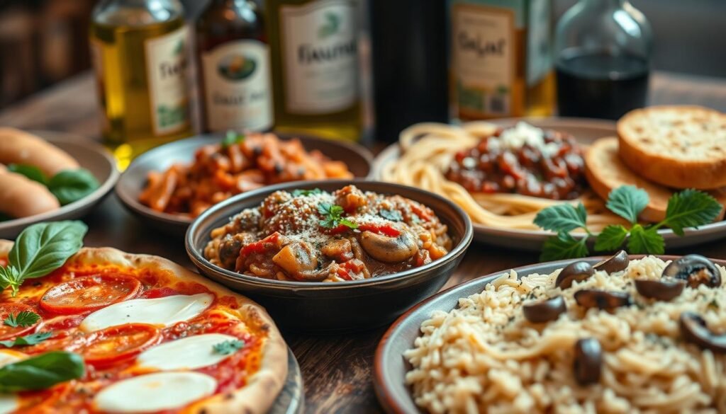 An elegantly arranged table showcasing a variety of authentic Italian dishes, emphasizing ingredients and presentation. In the foreground, a vibrant margherita pizza with fresh basil and glossy tomato sauce, alongside a creamy risotto adorned with sautéed mushrooms and parmesan. In the middle, a rustic bowl of spaghetti with rich bolognese sauce and a sprinkle of parsley, flanked by garlic bread, glistening with olive oil. The background features bottles of olive oil and balsamic vinegar, emphasizing authenticity. Soft, warm lighting creates a cozy atmosphere, while a shallow depth of field blurs the background slightly, focusing on the delectable dishes. The overall mood should evoke a sense of Italian warmth and tradition, inviting viewers to savor the culinary journey.