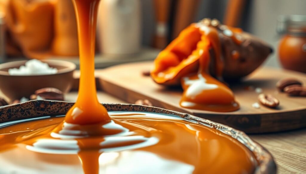 An elegantly poured cascade of rich, glossy caramel sauce fills the foreground, glistening under soft, warm lighting that enhances its golden hues. The sauce is depicted in a rustic, shallow dish surrounded by fresh ingredients like a sprinkle of sea salt and sliced pecans to suggest texture and flavor. In the middle ground, a beautifully baked sweet potato, drizzled with the decadent sauce, rests on a wooden cutting board, showing its inviting orange interior. The background features a softly blurred kitchen setting with warm colors, evoking a cozy, home-cooked atmosphere. The composition emphasizes the luxurious, indulgent quality of the caramel sauce, inviting viewers to savor the moment.