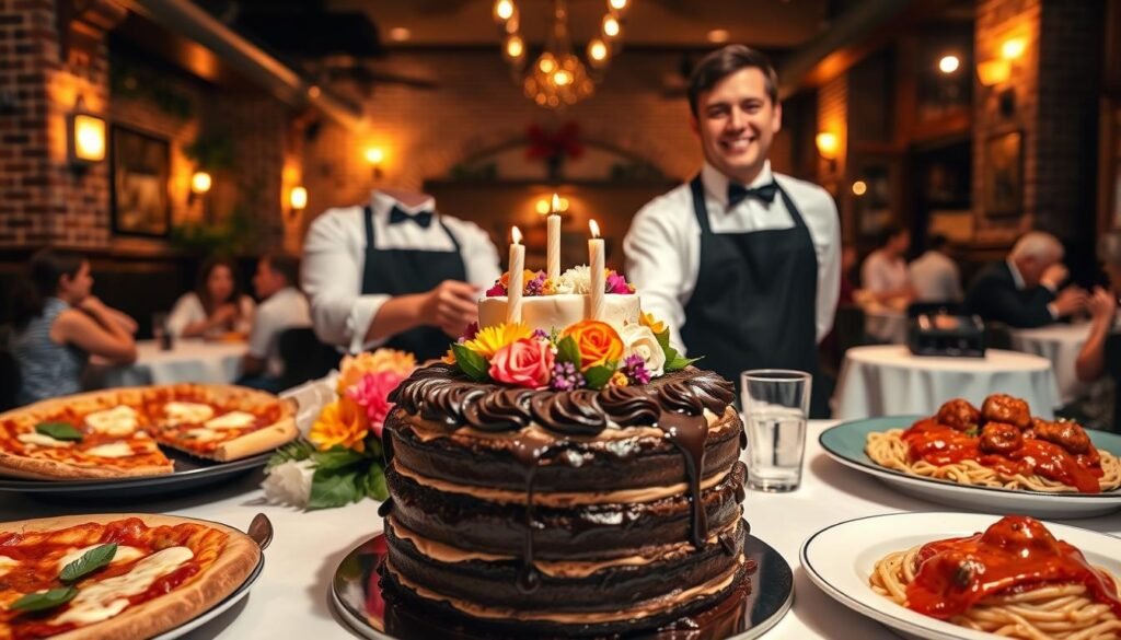 An elegantly set table at Grimaldi’s, showcasing a festive birthday scene. In the foreground, a beautifully decorated cake with rich chocolate layers and intricate frosting details, surrounded by vibrant flowers. To the sides, Italian favorites like pizza slices with melting cheese and fresh basil, and a plate of spaghetti topped with marinara and meatballs. In the middle ground, a warm, inviting interior with rustic brick walls, wooden beams, and soft, ambient lighting creating a cozy atmosphere. A smiling server in a crisp white shirt and black apron presents the cake. In the background, glimpses of families enjoying their meals in a bustling yet intimate restaurant setting, illuminated by soft golden light. The overall mood is cheerful and celebratory, perfect for a birthday experience.