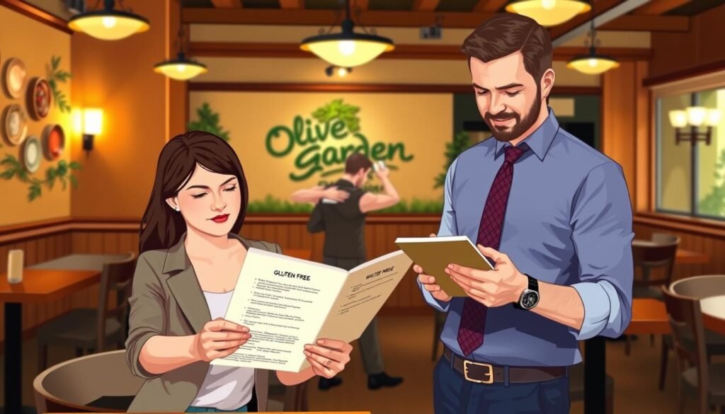 An illustration of the essential steps for ordering gluten-free at a restaurant, featuring a cozy, well-lit dining environment with wooden tables and soft, inviting lighting. In the foreground, a well-dressed customer, wearing smart casual attire, is carefully reading a menu that highlights gluten-free options. In the middle, a friendly server stands attentively, holding a notepad and ready to assist with any dietary questions. In the background, a welcoming Olive Garden-like decor with subtle touches of Italian themes, such as wall herbs and decorative plates. The overall mood is warm and reassuring, conveying a sense of safety and comfort while dining out. The angle captures both the customer and server, emphasizing a positive, interactive experience.