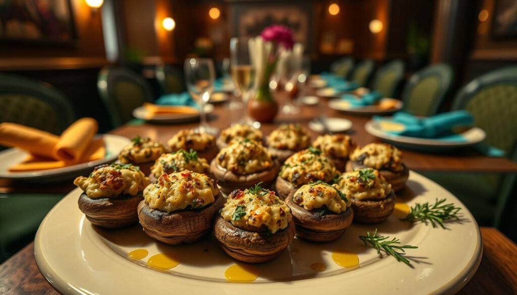 An inviting display of Olive Garden's signature stuffed mushrooms served on an elegant round platter, garnished with fresh herbs. In the foreground, focus on the beautifully baked mushrooms, overflowing with a rich blend of cheeses and herbs, glistening with a light drizzle of olive oil. The middle layer features a cheerful, softly lit dining table set for a party, adorned with colorful napkins and decorative plates, creating a warm and inviting atmosphere. In the background, subtle hints of a cozy restaurant setting with ambient lighting and soft focus make the scene more intimate. Use warm lighting to evoke a sense of comfort and indulgence, shot at eye level with a muted depth of field to highlight the mushrooms as the star of the image.