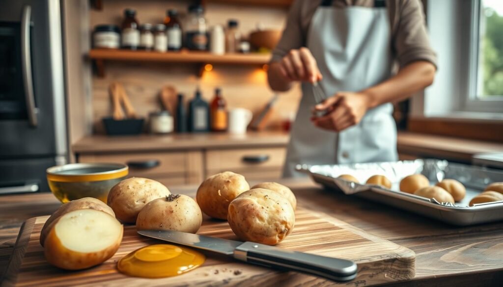 An inviting kitchen scene centered around a chef preparing potatoes for the oven. In the foreground, a wooden cutting board is filled with several freshly washed russet potatoes, a sharp knife, and a small bowl of olive oil. The chef, dressed in a professional white apron, is dousing the potatoes with oil while gently massaging salt and pepper into their skins. In the middle ground, a rustic kitchen countertop features a baking tray lined with aluminum foil, ready for the potatoes. The background reveals warmly lit shelves filled with spices and cooking utensils, creating a cozy atmosphere. Soft, natural light filters in through a nearby window, enhancing the inviting mood. The image is captured from a slightly elevated angle, focusing on the preparation process, giving a sense of warmth and homeliness. An inviting kitchen scene centered around a chef preparing potatoes for the oven. In the foreground, a wooden cutting board is filled with several freshly washed russet potatoes, a sharp knife, and a small bowl of olive oil. The chef, dressed in a professional white apron, is dousing the potatoes with oil while gently massaging salt and pepper into their skins. In the middle ground, a rustic kitchen countertop features a baking tray lined with aluminum foil, ready for the potatoes. The background reveals warmly lit shelves filled with spices and cooking utensils, creating a cozy atmosphere. Soft, natural light filters in through a nearby window, enhancing the inviting mood. The image is captured from a slightly elevated angle, focusing on the preparation process, giving a sense of warmth and homeliness.