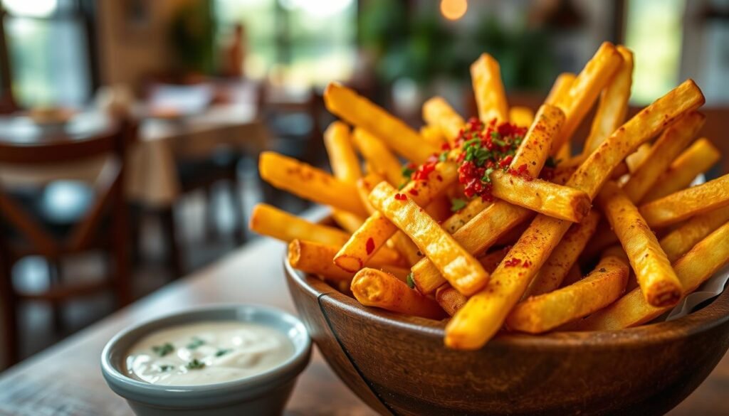 Cajun fries served in a rustic wooden bowl, topped with a sprinkle of vibrant red and green spices, creating an appetizing visual. The fries are golden brown and crispy, with a glistening surface that suggests they are fresh out of the fryer. In the foreground, there is a small dish of creamy dipping sauce with herbs for added flavor. The middle ground features a blurred background of a vibrant dining table setting, with soft, natural light filtering through a nearby window, casting a warm glow on the scene. The atmosphere is inviting and evokes a sense of comfort and indulgence, perfect for showcasing the delightful taste and texture of the fries. Use a shallow depth of field to emphasize the Cajun fries while maintaining a cozy ambiance. Cajun fries served in a rustic wooden bowl, topped with a sprinkle of vibrant red and green spices, creating an appetizing visual. The fries are golden brown and crispy, with a glistening surface that suggests they are fresh out of the fryer. In the foreground, there is a small dish of creamy dipping sauce with herbs for added flavor. The middle ground features a blurred background of a vibrant dining table setting, with soft, natural light filtering through a nearby window, casting a warm glow on the scene. The atmosphere is inviting and evokes a sense of comfort and indulgence, perfect for showcasing the delightful taste and texture of the fries. Use a shallow depth of field to emphasize the Cajun fries while maintaining a cozy ambiance.