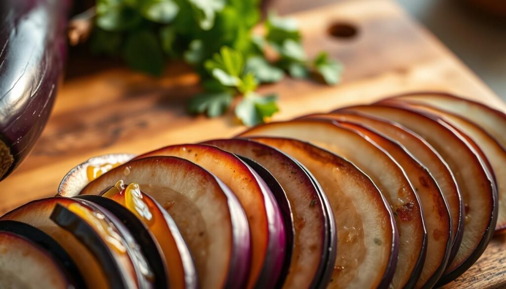 Close-up of beautifully arranged eggplant slices, showcasing their rich purple skin and smooth, glossy surface. The foreground features thin, evenly cut slices of eggplant, glistening with a light drizzle of olive oil, highlighting the fresh texture. In the middle ground, a rustic wooden cutting board displays the slices, with a backdrop of fresh herbs like basil and parsley for color contrast. Soft, warm lighting creates an inviting and homey atmosphere, casting gentle shadows and emphasizing the eggplant's curves. The shot is taken from a slightly elevated angle, ensuring a clear view of the vibrant colors and textures. The mood is warm and culinary, evoking a sense of anticipation for delicious dishes.