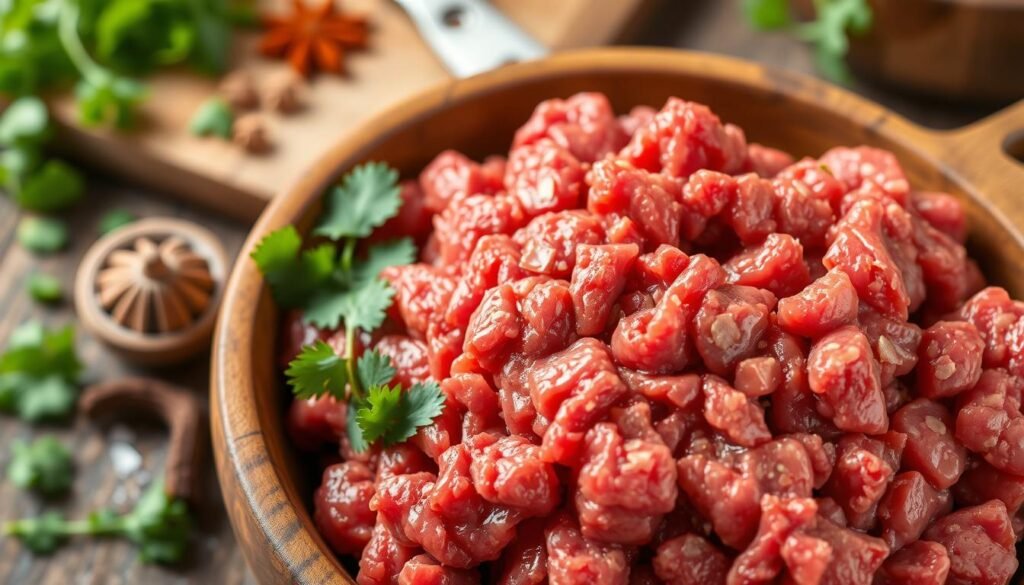 Close-up of high-quality ground beef in a wooden bowl, showcasing its rich red color and marbled texture. The ground beef appears fresh, finely minced, with small flecks of fat glistening, indicating quality and flavor. Surrounding the bowl are fresh herbs like chopped cilantro and parsley, along with a few whole spices such as cumin and coriander, creating an inviting and flavorful atmosphere. Soft, natural lighting casts gentle shadows, emphasizing the texture of the meat and ingredients. In the background, out-of-focus kitchen utensils and a rustic wooden cutting board evoke a homely cooking environment. Overall, the image conveys a sense of freshness and authenticity, perfect for illustrating the quality of ingredients needed for a delicious chili. Close-up of high-quality ground beef in a wooden bowl, showcasing its rich red color and marbled texture. The ground beef appears fresh, finely minced, with small flecks of fat glistening, indicating quality and flavor. Surrounding the bowl are fresh herbs like chopped cilantro and parsley, along with a few whole spices such as cumin and coriander, creating an inviting and flavorful atmosphere. Soft, natural lighting casts gentle shadows, emphasizing the texture of the meat and ingredients. In the background, out-of-focus kitchen utensils and a rustic wooden cutting board evoke a homely cooking environment. Overall, the image conveys a sense of freshness and authenticity, perfect for illustrating the quality of ingredients needed for a delicious chili.