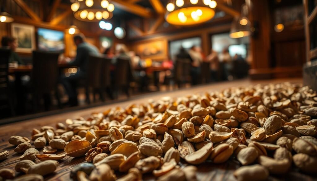 Close-up view of scattered peanut shells on a wooden floor, capturing the texture and color variations of the shells, ranging from light tan to dark brown. In the foreground, focus on a thick layer of shells with some broken pieces, emphasizing their irregular shapes. The middle ground features a rustic, dimly lit Texas Roadhouse setting, with wooden tables and ambient yellow lighting casting a warm glow. In the background, blurred silhouettes of patrons enjoying their meals, creating a lively atmosphere. Use a shallow depth of field to draw attention to the shells while providing context of a bustling restaurant. The overall mood is inviting and nostalgic, reminiscent of the tradition around peanuts at family gatherings. Close-up view of scattered peanut shells on a wooden floor, capturing the texture and color variations of the shells, ranging from light tan to dark brown. In the foreground, focus on a thick layer of shells with some broken pieces, emphasizing their irregular shapes. The middle ground features a rustic, dimly lit Texas Roadhouse setting, with wooden tables and ambient yellow lighting casting a warm glow. In the background, blurred silhouettes of patrons enjoying their meals, creating a lively atmosphere. Use a shallow depth of field to draw attention to the shells while providing context of a bustling restaurant. The overall mood is inviting and nostalgic, reminiscent of the tradition around peanuts at family gatherings.