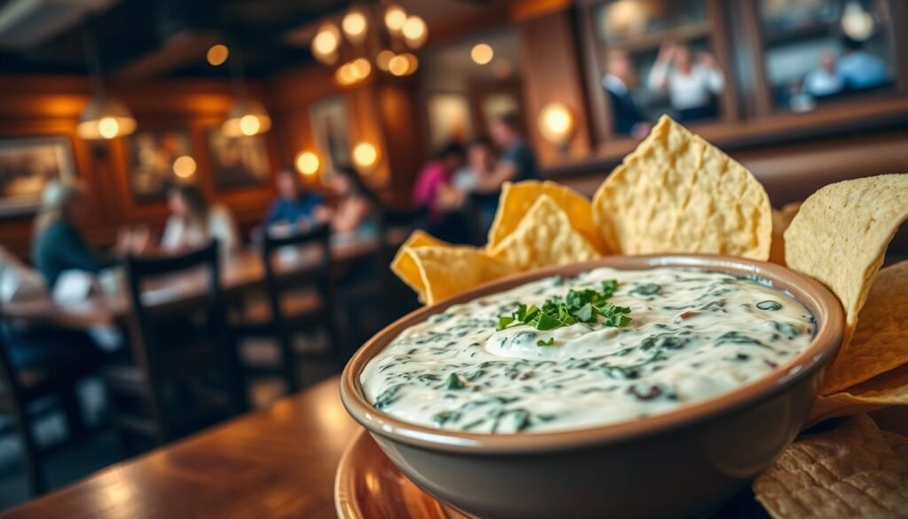 Foreground: A beautifully presented bowl of creamy spinach artichoke dip, garnished with a sprinkle of freshly chopped parsley and served with warm, crispy tortilla chips artistically arranged around it. Middle: A cozy, wood-themed dining table emphasized by the inviting texture of the dip's creamy surface, highlighting rich green spinach and tender artichoke pieces. Background: Softly blurred restaurant ambiance reflecting warm lighting, wooden accents, and friendly diners enjoying their meals. The scene captures a sense of casual elegance and comfort, evoking a welcoming atmosphere perfect for sharing. The lighting is warm and soft to enhance the inviting feel of the dining experience, shot at a slight angle to emphasize the dip's creamy texture and inviting presentation. The overall mood is relaxed and inviting, emphasizing the joy of sharing a delightful appetizer. Foreground: A beautifully presented bowl of creamy spinach artichoke dip, garnished with a sprinkle of freshly chopped parsley and served with warm, crispy tortilla chips artistically arranged around it. Middle: A cozy, wood-themed dining table emphasized by the inviting texture of the dip's creamy surface, highlighting rich green spinach and tender artichoke pieces. Background: Softly blurred restaurant ambiance reflecting warm lighting, wooden accents, and friendly diners enjoying their meals. The scene captures a sense of casual elegance and comfort, evoking a welcoming atmosphere perfect for sharing. The lighting is warm and soft to enhance the inviting feel of the dining experience, shot at a slight angle to emphasize the dip's creamy texture and inviting presentation. The overall mood is relaxed and inviting, emphasizing the joy of sharing a delightful appetizer.