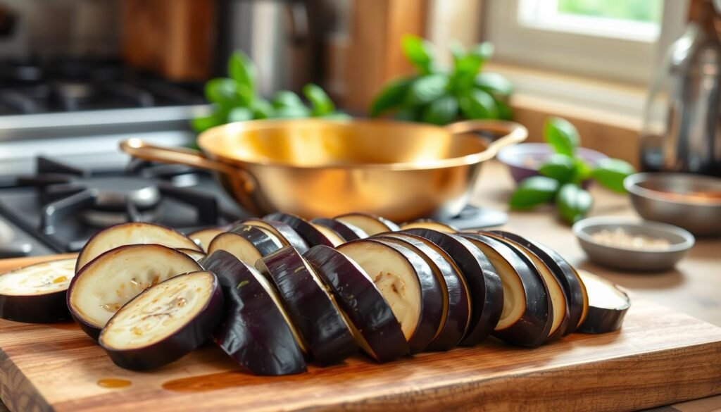Freshly cut eggplant slices arranged artfully on a rustic wooden cutting board, showcasing their rich purple skin and creamy interior. The foreground features several slices, their surfaces glistening with a light drizzle of olive oil, ready for frying. In the middle ground, a golden-brown frying pan sits sizzling on a stove, with a hint of bubbling oil. Light spills from a nearby window, casting a warm, inviting glow over the scene, creating a cozy, homely atmosphere. In the background, fresh basil leaves and a small dish of seasoning suggest the preparation of a delicious eggplant dish. The scene captures the essence of cooking with an emphasis on quality ingredients and the joy of frying.