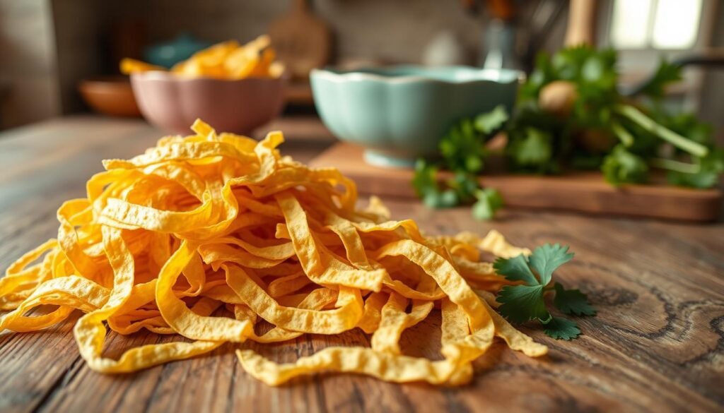 Golden, crispy tortilla strips piled artfully on a wooden surface, showcasing their texture and color variations. The foreground features the strips prominently, some scattered, while others are perfectly aligned for an inviting presentation. The middle ground captures a subtle blur of a rustic kitchen setting, with pastel-colored ceramic bowls and fresh cilantro laying nearby as gentle accents to highlight the ingredients of Chicken Tortilla Soup. In the background, soft, warm light filters in through a window, casting a cozy glow over the scene that evokes a sense of comfort and home cooking. The atmosphere is inviting and warm, suggesting an appealing and delicious culinary experience. The angle is slightly overhead, providing a clear view of both the tortilla strips and the surrounding kitchen elements, reinforcing the step-by-step cooking theme.