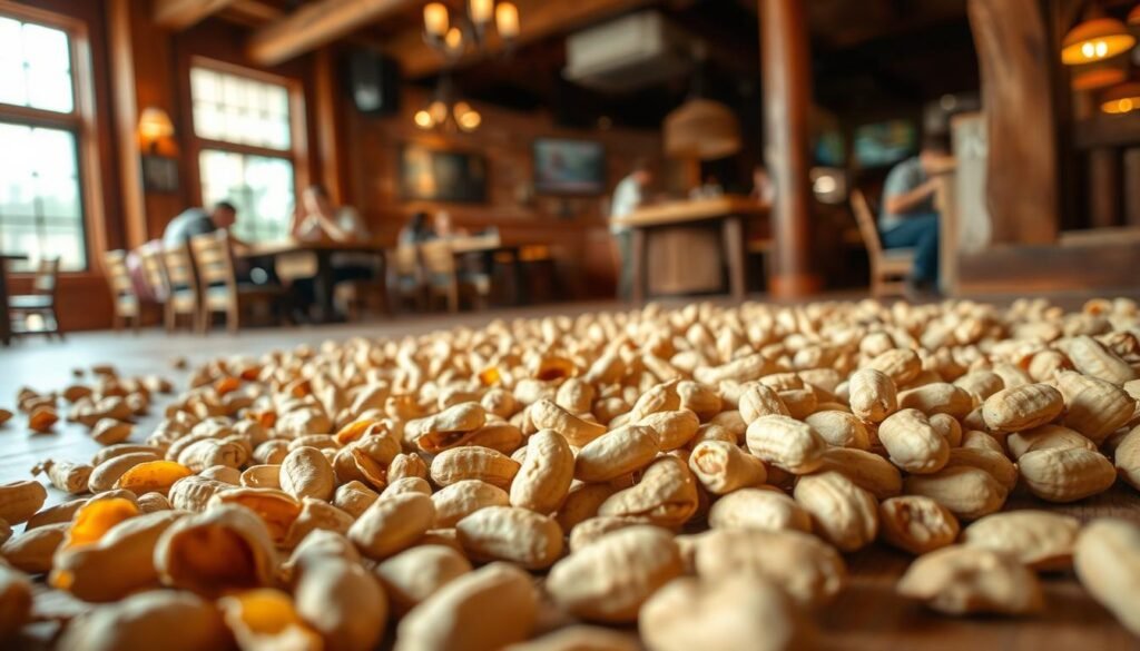 Peanut shells scattered across a rustic wooden floor, creating a warm, inviting atmosphere typical of a lively Texas Roadhouse. In the foreground, a close-up view of the coarse, textured peanut shells showcases their thin, wrinkled surfaces and earthy tones of brown and beige. The middle ground features a slightly blurred image of a bustling restaurant setting with wooden tables and people enjoying their meals, enhancing the feeling of a lively dining experience. In the background, soft, diffused lighting gives the scene a cozy, relaxed vibe, perfect for a casual dining atmosphere. The angle is slightly low, emphasizing the peanut shells prominently, while still capturing the essence of the restaurant environment.