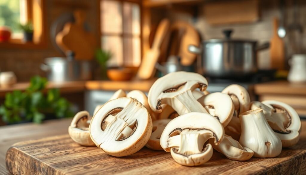 Sliced fresh mushrooms arranged artistically on a rustic wooden cutting board, showcasing their delicate, curved shapes and varying shades of creamy white and light brown. The mushrooms are positioned in the foreground, capturing intricate details of their gills and texture. In the background, a soft-focus kitchen setting with warm lighting creates a cozy atmosphere, hinting at pots and pans for cooking. Natural light filters through a nearby window, casting gentle shadows for depth. The scene evokes a sense of freshness and culinary creativity, perfect for illustrating essential ingredients in a creamy mushroom sauce, while maintaining a clean and inviting aesthetic.