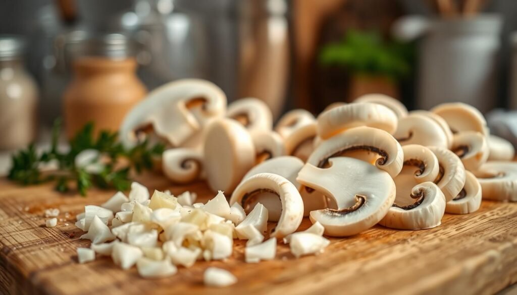 Sliced white mushrooms arranged artfully on a wooden cutting board, showcasing their delicate, curved edges and creamy interior. In the foreground, a sprinkle of freshly chopped garlic adds vibrant color and hints of flavor. The background features soft-focus kitchen utensils and an inviting warm light, emphasizing the cozy atmosphere of home cooking. A shallow depth of field blurs the edges, directing focus to the mushrooms and garlic, captured with a natural, close-up angle. The lighting is warm and inviting, casting gentle shadows that enhance the textures of the mushrooms. Overall, the image conveys a fresh, appetizing feel, perfect for an article about creamy mushroom sauce preparation.