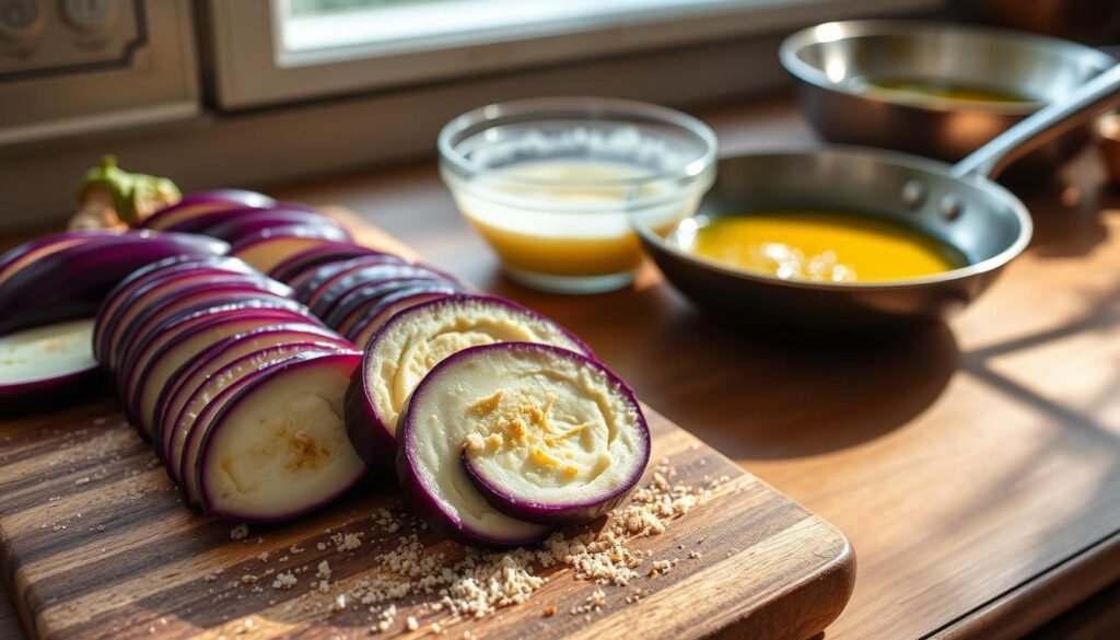 Slices of vibrant, fresh eggplant laid neatly on a rustic wooden cutting board, showcasing their rich purple skin and creamy white interior. In the foreground, a delicate sprinkle of breadcrumbs flecks the slices, hinting at the upcoming breading process. In the middle, there's a bowl filled with a light, herby batter ready for dipping, while a frying pan glimmers with golden oil, capturing warmth and anticipation. Soft, natural light filters in from a nearby window, illuminating the scene and creating gentle shadows that add depth. The atmosphere is inviting, evoking a sense of culinary artistry and home-cooked simplicity, perfect for illustrating the art of breading and frying. No text or signage is present.