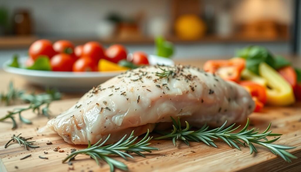 Vibrant, close-up view of a skinless chicken breast, beautifully seasoned with earthy herbs, lying on a wooden cutting board. In the foreground, sprinkle fresh herbs like rosemary and thyme around the chicken, enhancing the natural textures of the meat. The middle layer features a plate of colorful, fresh vegetables such as cherry tomatoes, spinach, and bell peppers, artistically arranged to highlight their nutritional value. In the background, a softly blurred kitchen setting with warm, inviting lighting creates a cozy atmosphere, suggesting home-cooked meals. Use a shallow depth of field for a focused look on the chicken while keeping the vegetables slightly out of focus. The overall mood should be warm and wholesome, emphasizing the healthy benefits of the dish. Vibrant, close-up view of a skinless chicken breast, beautifully seasoned with earthy herbs, lying on a wooden cutting board. In the foreground, sprinkle fresh herbs like rosemary and thyme around the chicken, enhancing the natural textures of the meat. The middle layer features a plate of colorful, fresh vegetables such as cherry tomatoes, spinach, and bell peppers, artistically arranged to highlight their nutritional value. In the background, a softly blurred kitchen setting with warm, inviting lighting creates a cozy atmosphere, suggesting home-cooked meals. Use a shallow depth of field for a focused look on the chicken while keeping the vegetables slightly out of focus. The overall mood should be warm and wholesome, emphasizing the healthy benefits of the dish.